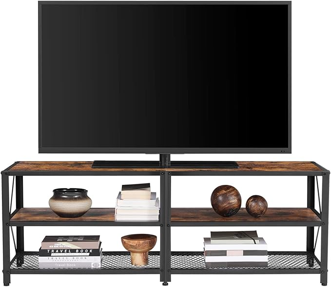 VASAGLE TV Stand TV Console for TVs Up to 65 Inches TV Table 55.1 Inches Width TV Cabinet with Storage Shelves Steel Frame for Living Room Bedroom Rustic Brown and Black ULTV094B01