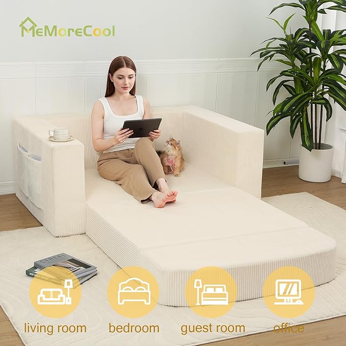MeMoreCool Convertible Sofa Bed – Small Beige Corduroy Loveseat Sleeper Boneless Fold-Out Cloud Couch with Foam Trifold Floor Futon with Washable Cover for Bedroom Apartment Guest Room