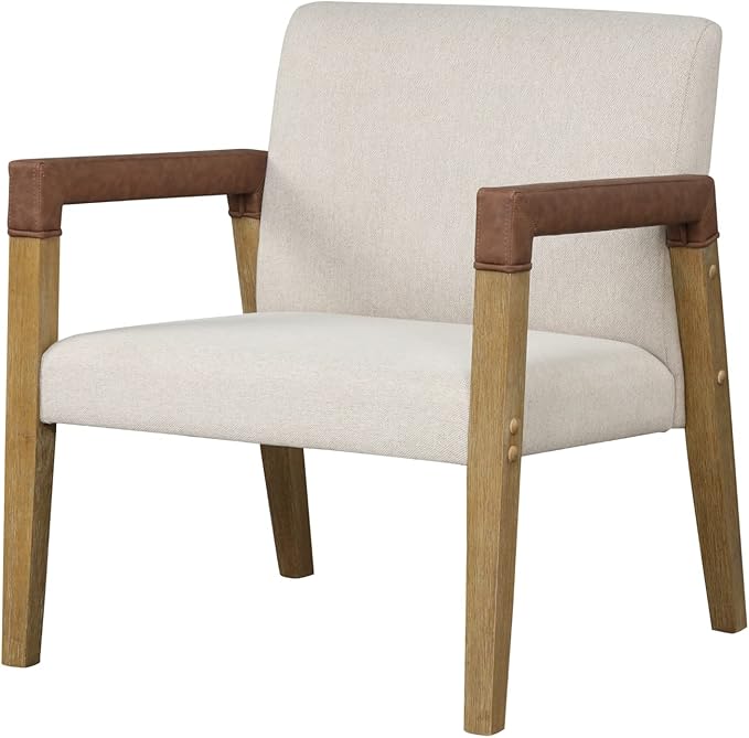 Nathan James Hudson Accent Living Room Chair Comfy Reading Bedroom Chair Mid-Century Wood Armchair Upholstered Fabric and Leather Armrest