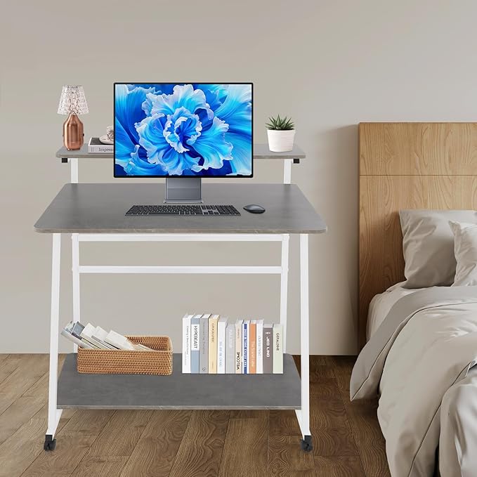 Home Office Desk3 Tier Rolling Computer Desk36inch Modern Home Desk Computer Desk Writing Table with Under Desk Storage Shelves for Home Office Study Bedroom (White+Grey)