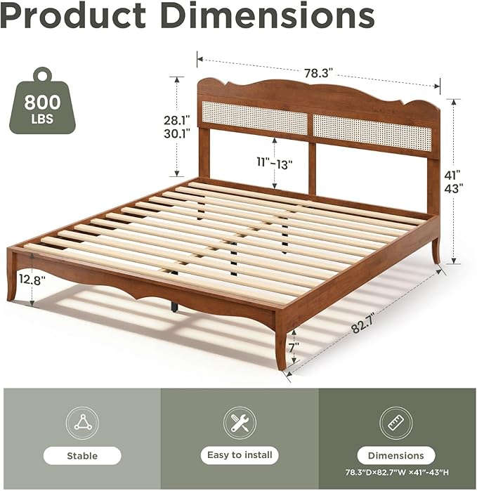 Sophia &amp William Wooden Bed Frame KingRattan King Bed Frame with Adjustable Headboard Solid Wood Slats Support No Box Spring NeededBrown
