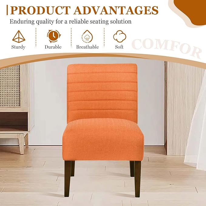 Modern Accent Chair for Living Room Upholstered Armless Slipper Chair with Back &amp Wood Legs Comfy Small Chair for Bedroom Living Room Reading Spaces Office (Orange)