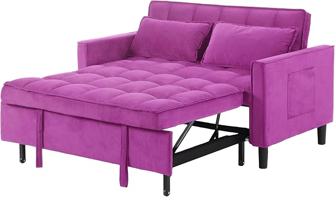 3 in 1 Convertible Sofa Bed Love Seat Sleeper Bed with Side Pockets Velvet Fabric Pull Out Couch with Adjustable Backrest for Living Room Bedroom Apartment Deep Pink