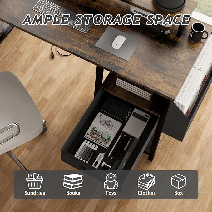 Computer Desk with File Drawers Cabinet 47 Inch Reversible Home Office Desks with Filing CabinetPower Outlet2 Monitor Stands for Small Space Gaming Study Writing Table PC Desks (Brown)