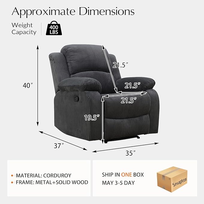 Manual Corduroy Recliner Chair Sofa for Living Room35 Ergonomic Reclining Chair with 10 Arm/Upholstered Seat/Metal FrameModern Single Couch for Rv Sofa/Home Theater/Office(Dark Grey)