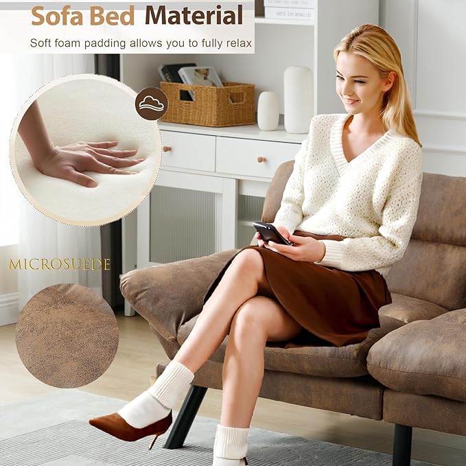 70 Modern Microsuede Convertible Folding Futon Couch Sofa Bed Adjustable Pillow Top Arm Memory Foam Couch Double Loveseat Sofa for Compact Living SpaceDormGame StudioApartmentBedroom (Coffee)