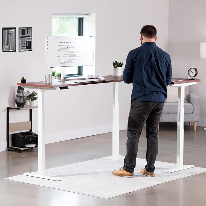 VIVO Electric 78 x 55 inch Square Corner Memory L Shaped Stand Up Desk Dark Walnut Table Top White Frame Corner Height Adjustable Workstation 3E-S Series DESK-KIT-3E5SWD