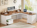 SEDETA Farmhouse L Shaped Desk with Drawers 63 Office Desk with File Drawers Wood Corner Computer Desk with Storage Home Office Desk with Monitor Stand and Storage Cabinet Brown and White