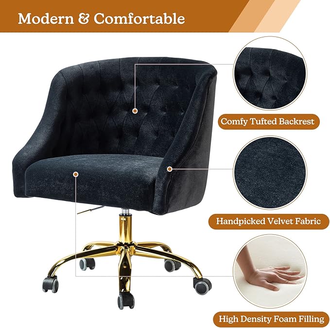 Velvet Home Office Chair with Gold Base Comfortable Modern Cute Desk Chair Adjustable Swivel Task Chair for Living Room Bedroom Vanity Study Black