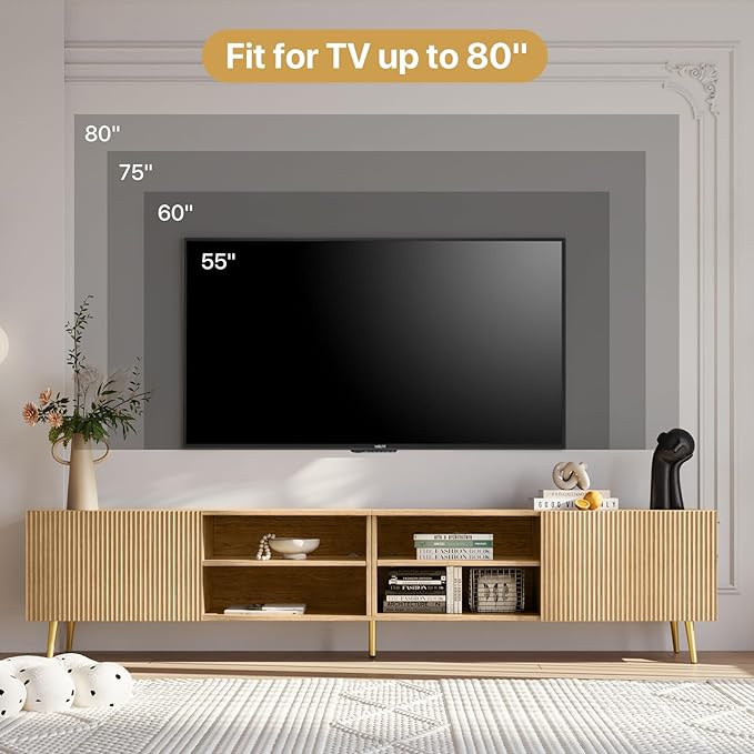 Modern 86in TV Stand for Living Room Fluted Design Entertainment Center with Adjustable ShelvesMedia TV Console Table with Storage for BedroomNature