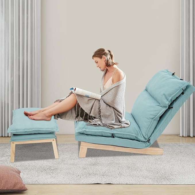 Single Lazy Sofa Lounge Chair with Footstool 5-Position Reclining Comfort for Living Room Balcony Japanese Tatami Floor Recliner Modern Leisure Recliner Indoor Use Green