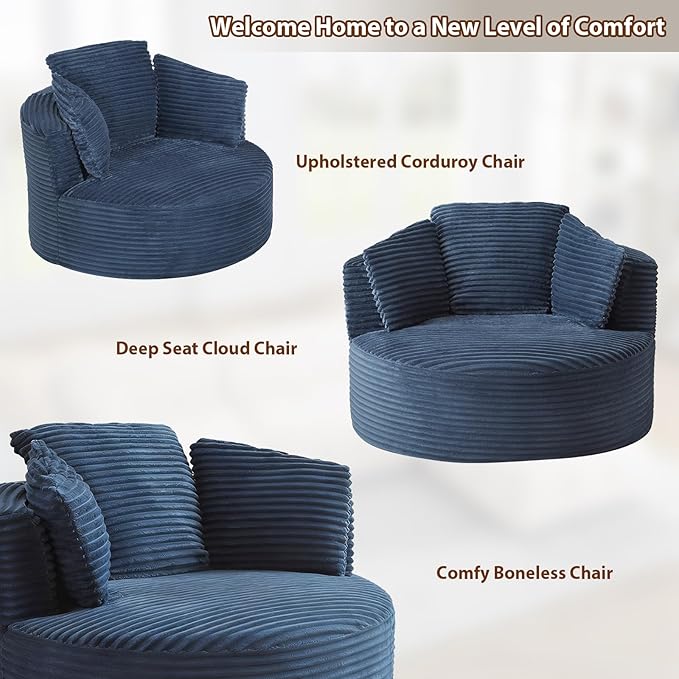 Round Chair Lounge Chaise Indoor 48.8 Oversized Sofa Chair Upholstered Corduroy Deep Seat Sleeper Sofa Bed No Assembly Required for Living Room Bedroom Apartment Blue