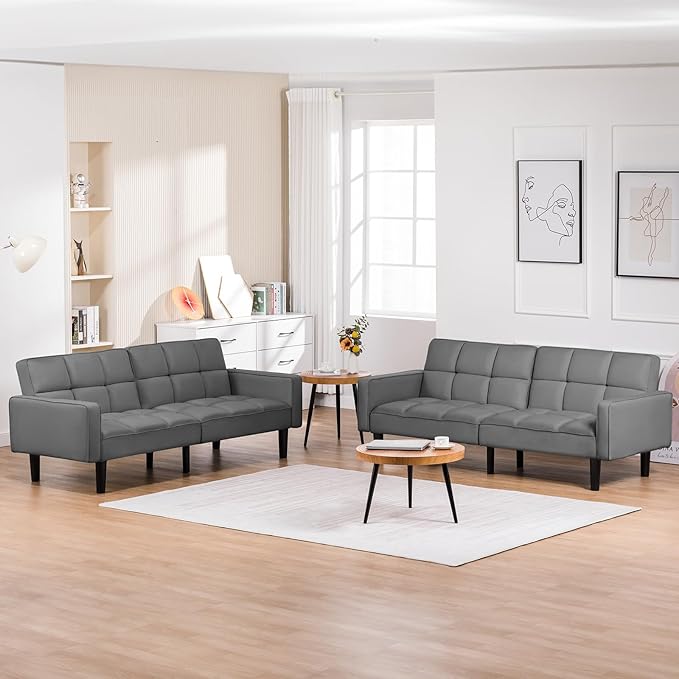 COMHOMA 76 inch Futon Sofa Bed Mid Century Modern Futon Couch with Adjustable Backrest Fabric Convertible Sofa Cama Folding Sleeper Sofa for Living Room Bedroom Dark Gray