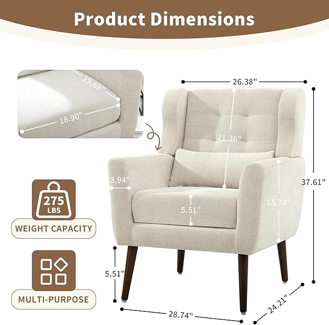 Modern Accent Chair Upholstered Arm Chair with Waist Pillow Single Sofa Chair for Living Room Bedroom Small Spaces (Beige)