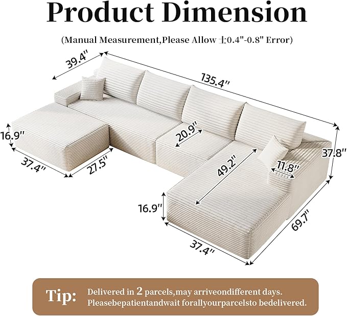 135.4 Oversized Cloud Modular Sectional Sofa U-Shaped Couches with Ottoman for Living Room Deep Seat Boneless Couch 1600lb Weight Capacity No Assembly Required (White Right Facing Chaise)
