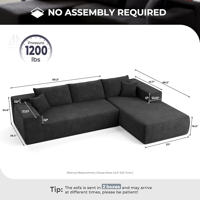 106 Cloud Sectional Couches for Living RoomL Shaped Boneless Couch with Comfy ChaiseModular Sofa with Deep Seat No Assembly RequiredBlack