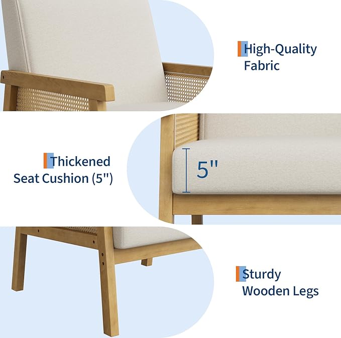 Garvee Linen Accent Chair Rattan Armchair with Wooden Frame High Back Upholstered Reading Chair Leisure Chairs for Living Room Bedroom Waiting Room Reception Beige