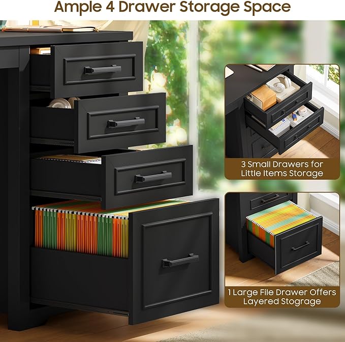 Vabches Farmhouse 49” Executive Desk with File Drawer 4 Drawers Reversible Computer Desk with Storage Rustic Home Writing Workstation for Home Office.Black