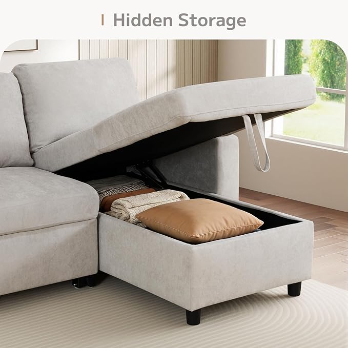 L-Shaped Sleeper Sofa with Chaise Lounge &amp Storage Pull-Out Couch Bed with Recliner Full Size Futon for Living Room Office Apartment Beige