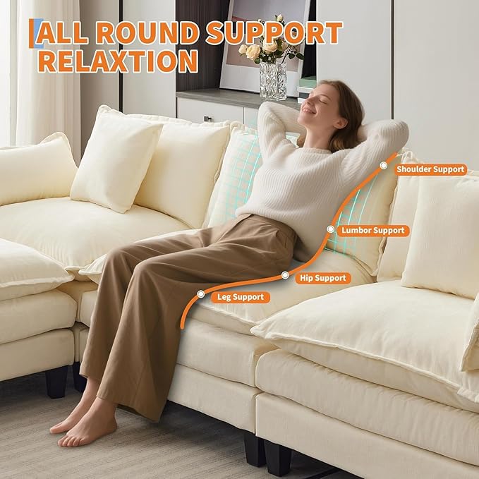 112 Modular Sectional Sofa U-Shape Cloud Couch/Deep Seat/Armrest/Plush Corduroy Fabric No Assembly Required Space-Saving 200 Pounds Chenille Combo Set with 2 Footstool for Living Room