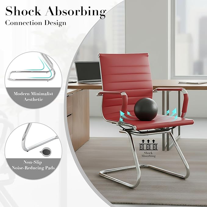 CIMOTA Waiting Room Chairs Leather Office Guest Chair Mid Back Reception Chairs with Sled Base for Meeting/Patient/Conference Room Red Set of 2