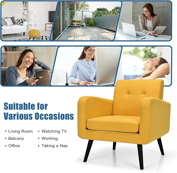 S AFSTAR Modern Upholstered Armchair Mid-Century Fabric Accent Chair with Rubber Wood Legs Leisure Lounge Chairs Living Room Furniture (2 Yellow)