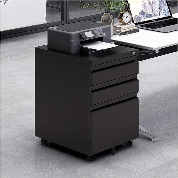 Mobile Filing Cabinet 3 Drawer Black Metal File Cabinet with Lock