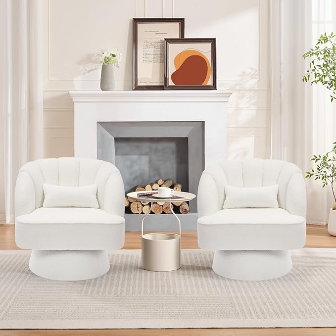 Garvee Ultra-Plush Swivel Accent Chair 360° Barrel Lounge Chair with Cloud-Like Padding &amp Modern Striped Backrest Teddy Fleece Upholstered Round Armchair for Living Bedroom Reading Nook - Beige