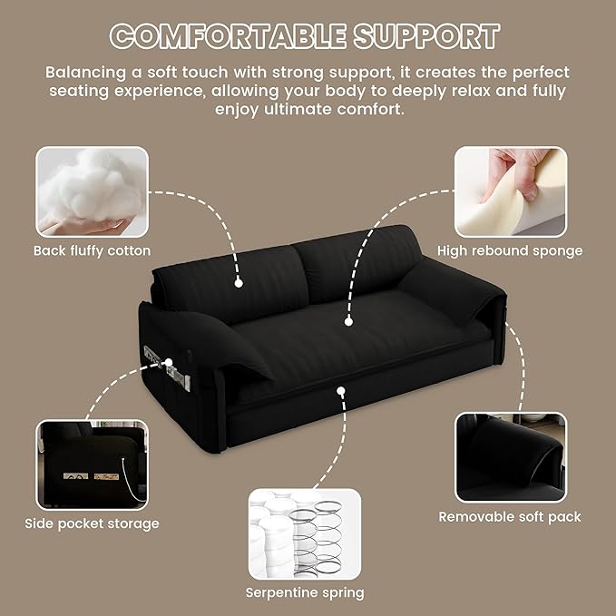 Queen Pull Out Futon Sofa Bed with USB Ports 3-in-1 Modern Convertible Sleeper Sofa with Side Pocket ＆ Rivets Comfy Corduroy Loveseat Couch for Living Room Bedroom Apartment (Black Velvet)