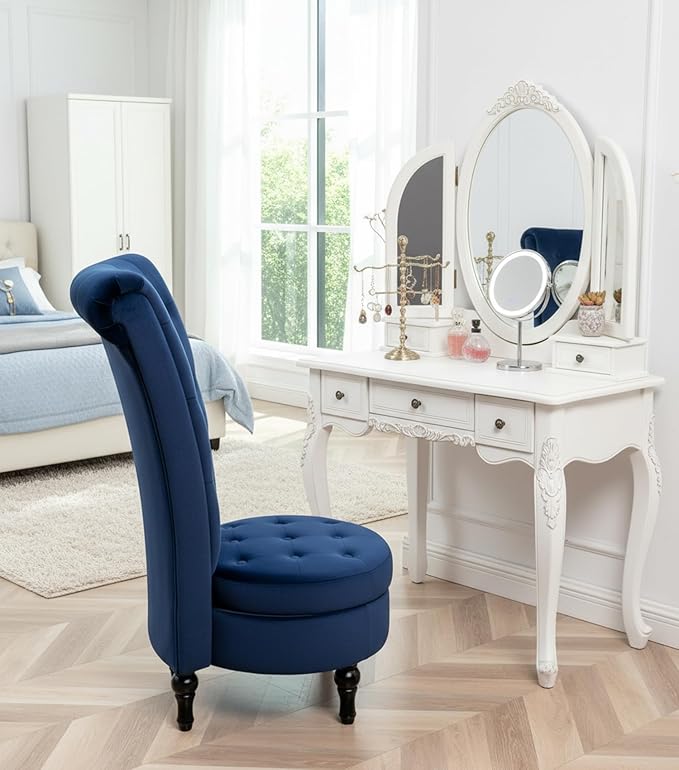 Royal High-Back Velvet Accent Chair for Vanity with Storage and Luxurious Upholstery Retro Design and Versatile Usage for Living Room Bedroom Lounge and Office Dark Blue