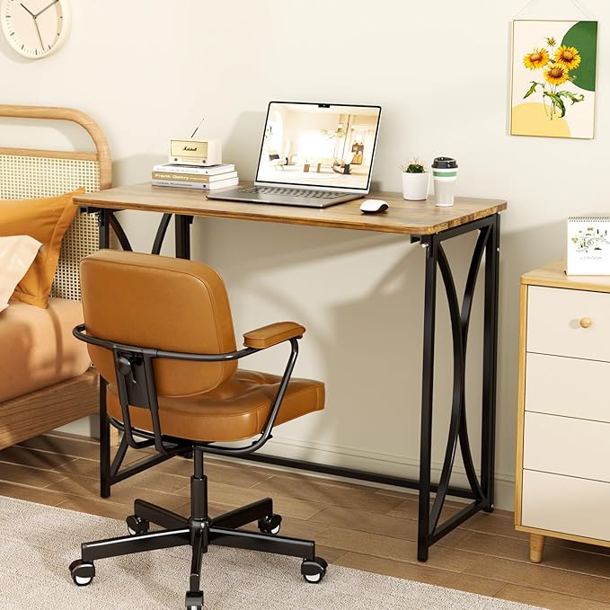 Folding Table 31.5 Small Desk for Bedroom Space Saving Foldable Computer Desk for Home Office Easy Assembly Brown Kaka