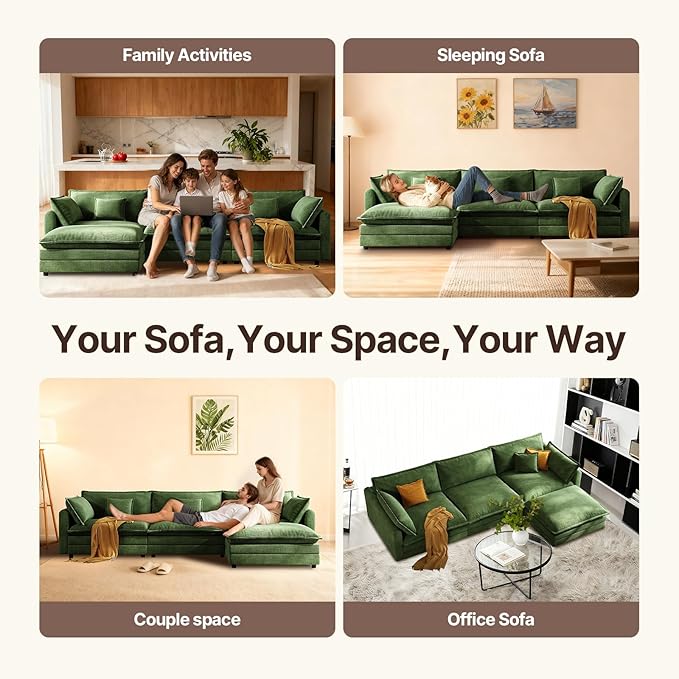 102'' Modular Sectional Sofa Green Couch Cloud Couches for Living Room L Shaped Couch with Movable Ottoman Modern Cloud Sectional Sofas for Bedroom and ApartmentGreen