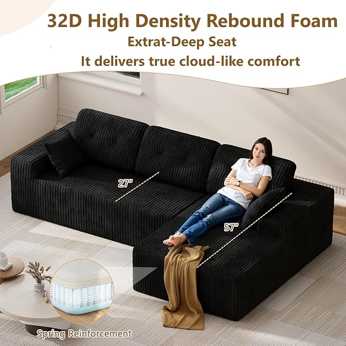 Ball &amp Cast 106'' Convertible Sectional Sofa for Living RoomModern Modular L-Shaped CouchBoneless Comfy Corduroy Fluffy Couch with Deep SeatHight Weight CapacityRight Facing Chaise (Black)
