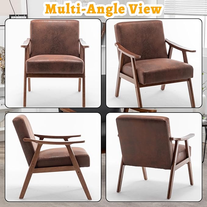 Mid Century Modern Accent Chair Upholstered Armchair Comfy with Wood Legs Siting Chair with Soft Cushion PU Leather Side Chairs for Living Room Bedroom Office (Microfiber Light Brown)