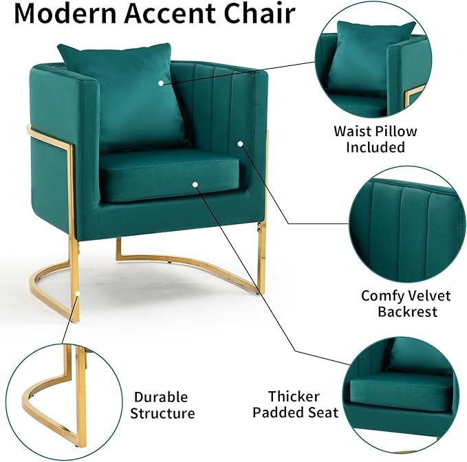 Velvet Modern Accent Chairs Set of 2 Upholstered Barrel Armchair Mid Century with Pillow for Living Room Comfy Single Vanity Chair with Metal Gold Legs for Bedroom Green