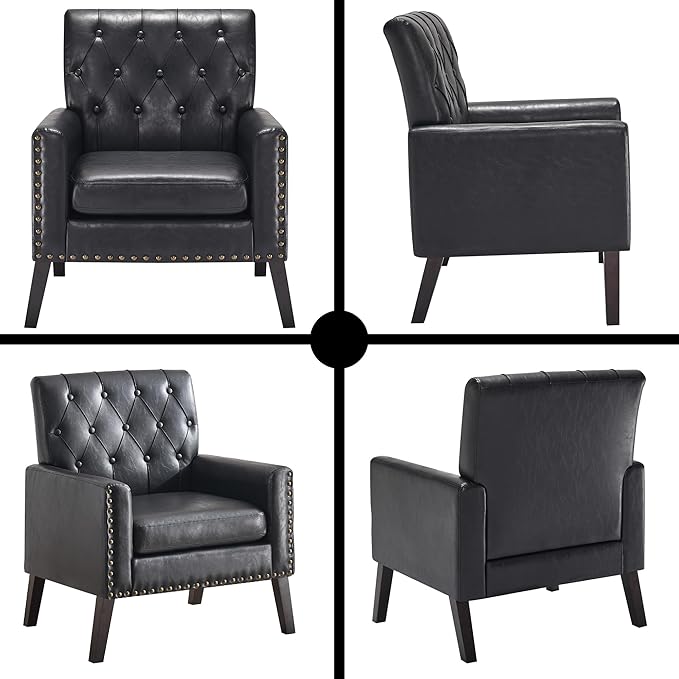 Mid Century Modern Accent Chair Black Faux Leather Office Chair for Reception - Tufted Leather Club Chair for Living Room Bedroom or Waiting Room