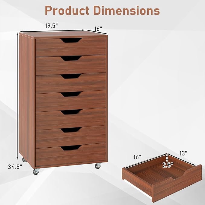 7 Drawer File Cabinet Mobile Filing Cabinet w/Universal Wheels Wood Printer Stand with Storage Rolling File Cabinets for Home Office Living Room Bedroom (Walnut 7 Drawers)