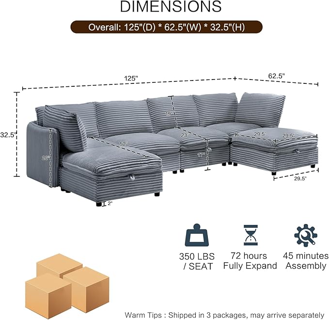 125 Oversized Modular 6 Seater Sofa with Removable Covers and Storage Convertible U L-Shaped and Sleeper Sectional Modern Corduroy Couches with Ottoman Chaise for Living Room Apartment Gray