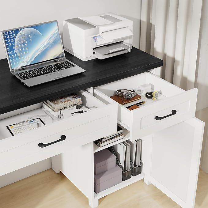 Farmhouse 61 Executive Desk with 5 DrawersRustic Office Computer Desk with Charging StationFile Drawers and Storage Cabinet Wood Workstation for Home Office and Study Black.