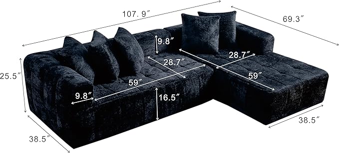 107.9“Cloud Sectional Boneless Couch Modular Sofa with Deep Seat 5 Pillows L-Shaped Free Combination Soft Boucle Fabric 1400 lbs Capacity Living Room Apartment. (Black Right Hand Facing) | No Assembl