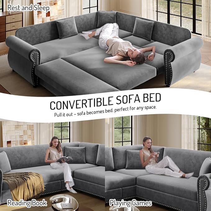 88 L Shaped Sectional Sleeper Sofa Couch with Pull Out Bed Oversized Chenille Convertible Sectional Couches with Nailhead Trim &amp Rolled Arm for Living Room Removable Sofa CoverLigt Grey