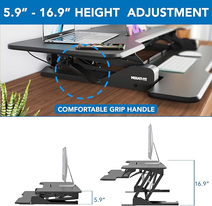 Mount-It! 47 Standing Desk Converter XL Desktop Sit-Stand Desk Riser with Gas Spring Height Adjustment Wide Desk Topper for Dual Monitors or Monitor &amp Laptop Keyboard Tray Black