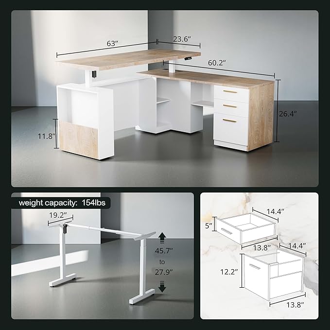 63 Standing Desk with File Cabinet Privacy Panel AC/USB 1.18 Desktop Executive L Shaped Height Adjustable Electric Stand Up Desk Home Office Table with 3 Drawers Light Walnut