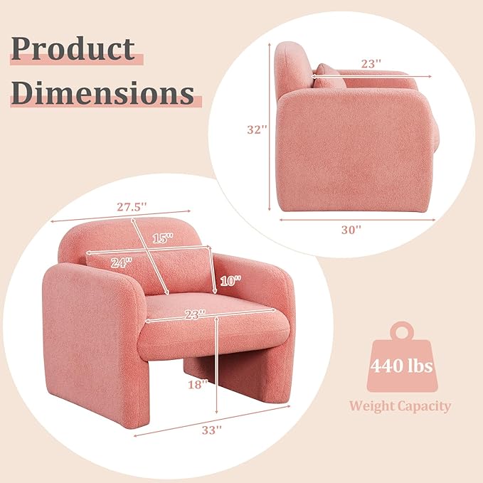 Giantex Modern Accent Chair for Living Room Sherpa Fabric Upholstered Armchair w/Waist Pillow Comfy Reading Chair w/Armrests Small Single Sofa for Bedroom Reception Apartment Office Pink