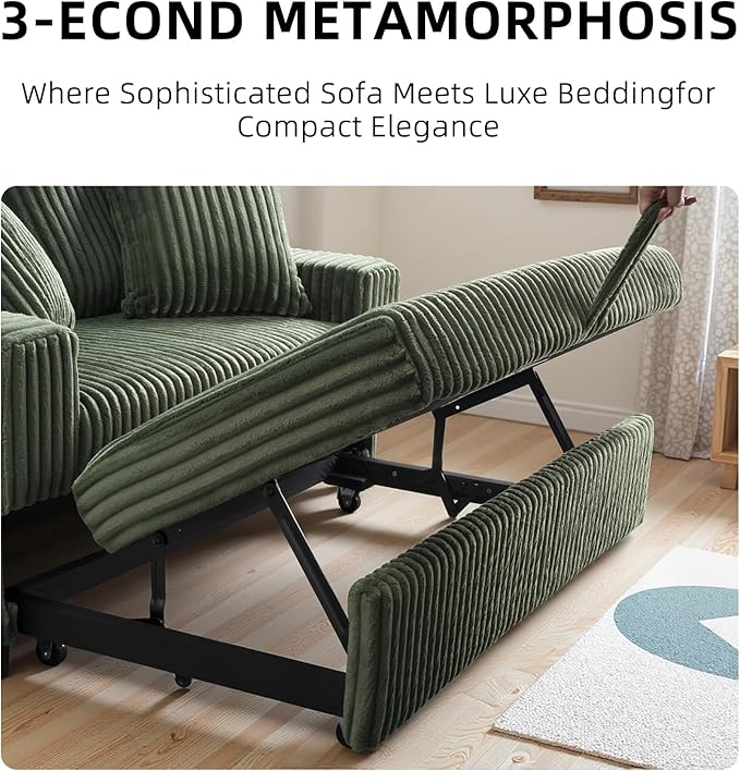 3 in 1 Convertible Sofa Bed52.8 Pull Out Couch with 2 Pillows and Side PocketsModern Corduroy Fabric Sleeper Loveseat with Adjustable Backrest for Living Room Bedroom Apartment (Green Corduroy)