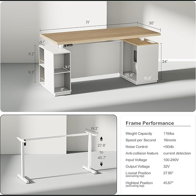 71 Standing Executive Desk with Privacy Panel Large One-Piece Electric Height Adjustable Stand Up Desk with Charging Station File Cabinet Storage Home and Office Light Walnut