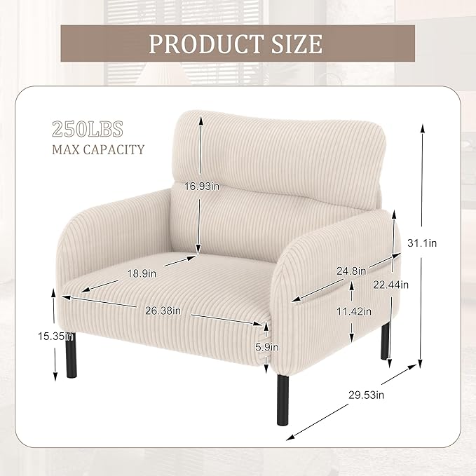 Modern Living Room Chair Single Seat Wide Chair Upholstered Corduroy Fabric Accent Armchair Single Sofa Chair with Side Pocket and Wood Legs for Bedroom/Office/Reading Spaces (Beige)