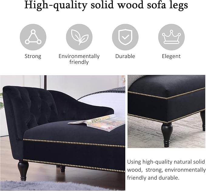 DEINPPA [New+Video] 58''Velvet Chaise LoungeButton Tufted Right Arm Facing Lounge Chair with Nailhead Trim &amp Solid Wood Legs for Living Room or OfficeSleeper Lounge Sofa of WF284880AAB
