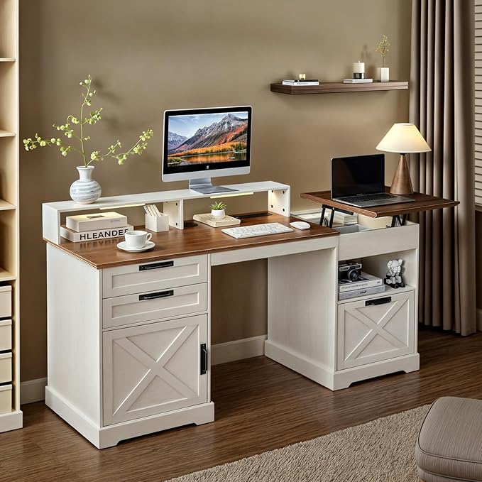 Executive Desk with File Storage Drawer 63 Lift Top Farmhouse Home Office Gaming Desk with Charging Station 3 Drawers Sensor Lights Wood Computer Table with Monitor Stand Antique White