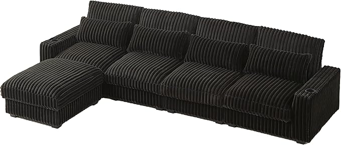 Yoglad 128'' L Shaped Modular Sectional Sofa Cozy Oversized Corduroy Couch with Cup Holders and Charging Port 4-Seater Sofa with Ottoman for Livingroom Apartment Office (Black)